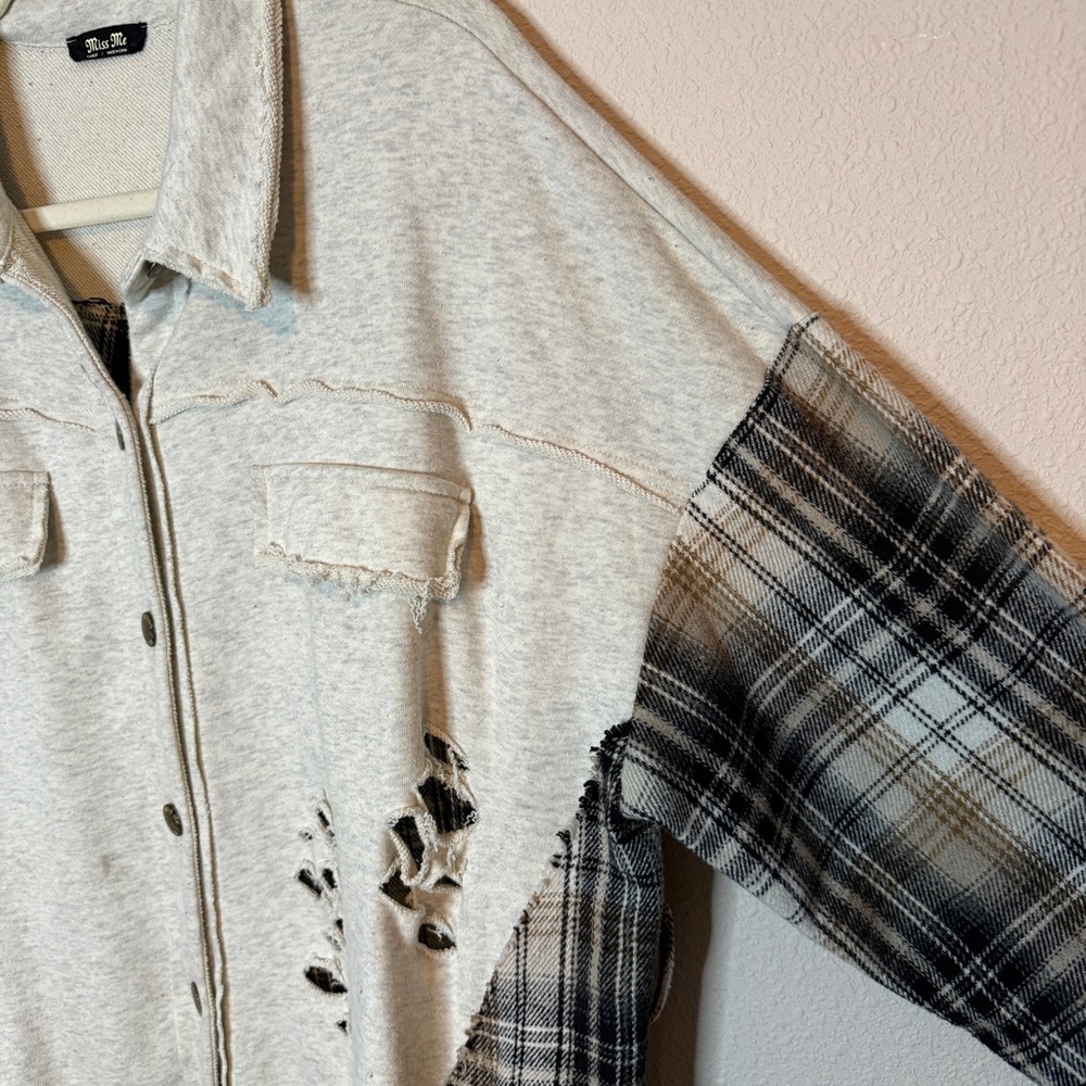 Miss Me Oversized Plaid Patchwork Button-Up Shirt - image 3